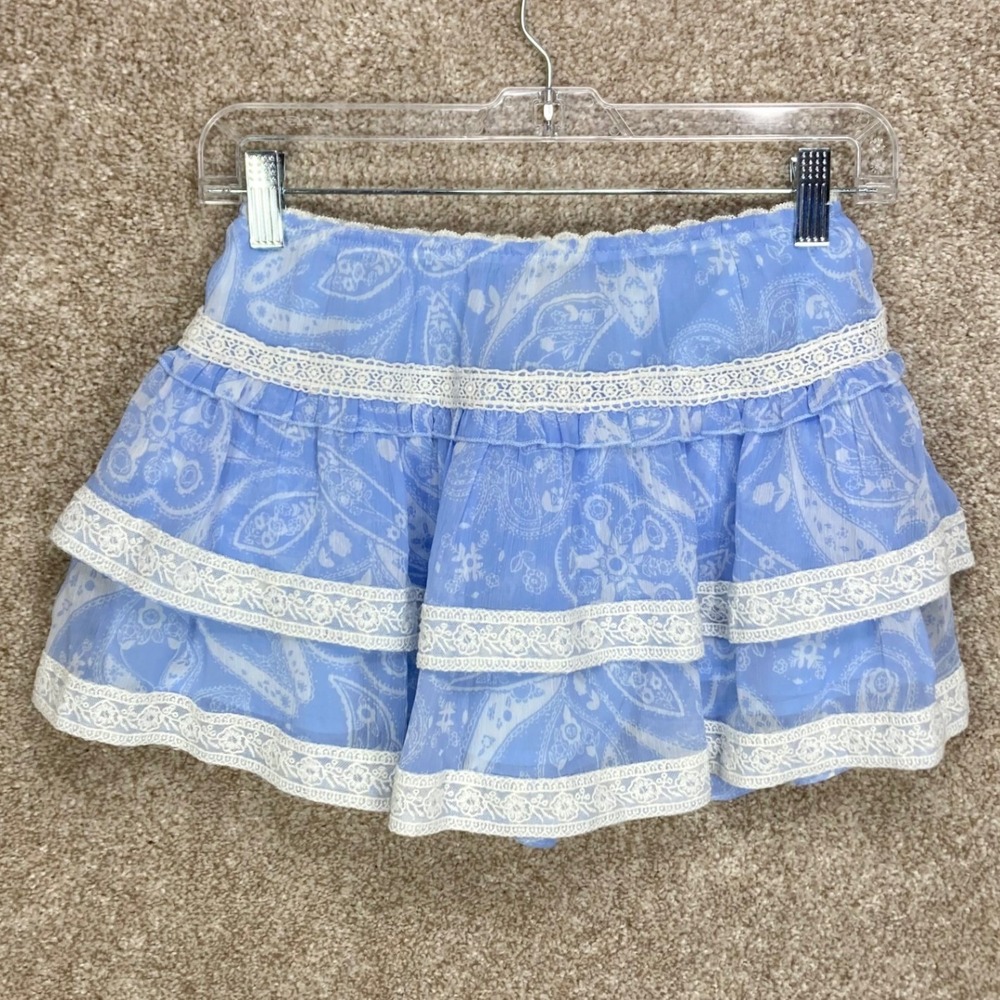 Urban Outfitters Paisley Lace Tiered Mini Skirt Womens XS Blue Boho Ruffle Fairy